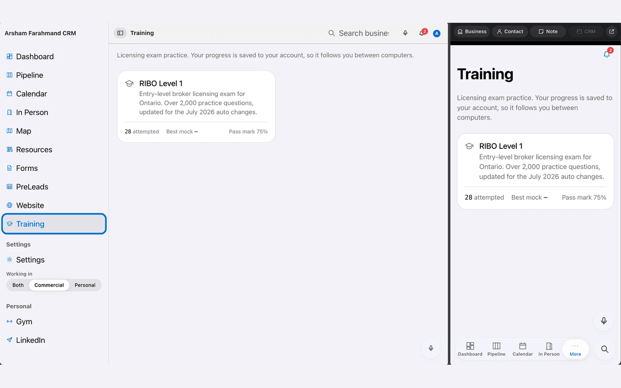 AAF CRM in the browser, with its side panel open beside the page