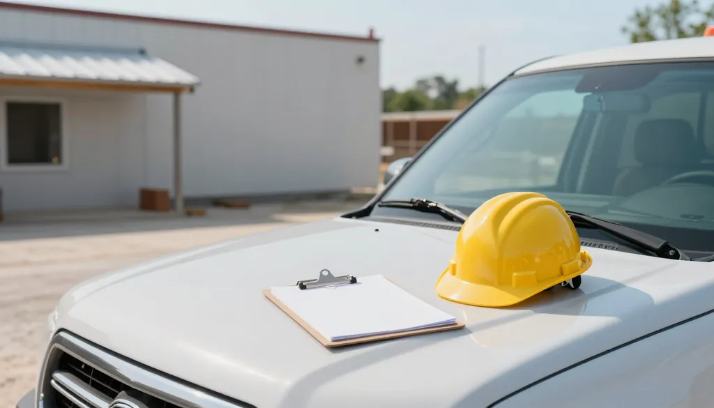 A clipboard and a yellow hard hat resting on the hood of a pickup truck at a work site.