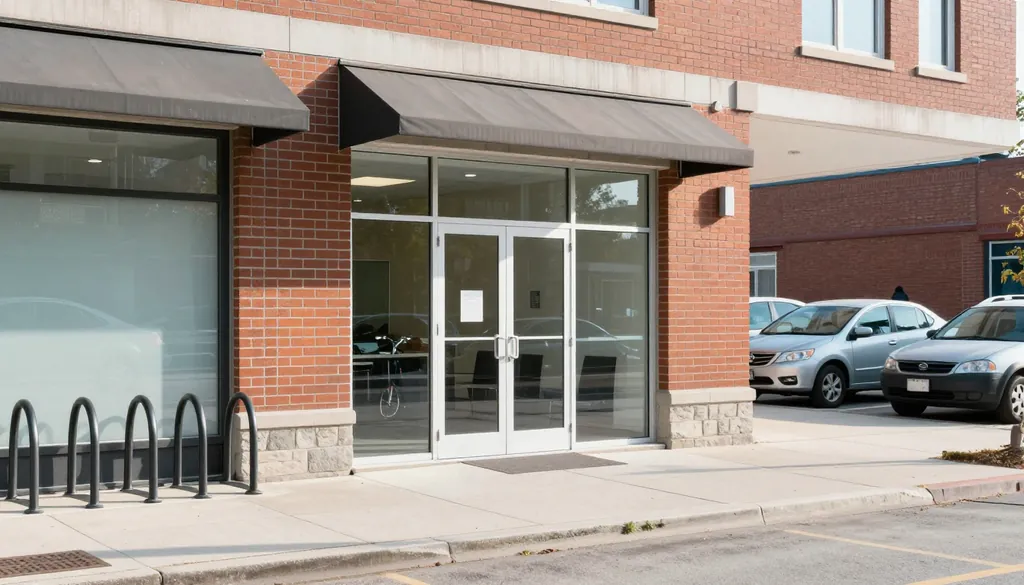 The glass front entrance of a red-brick office building, with a bike rack on the sidewalk.