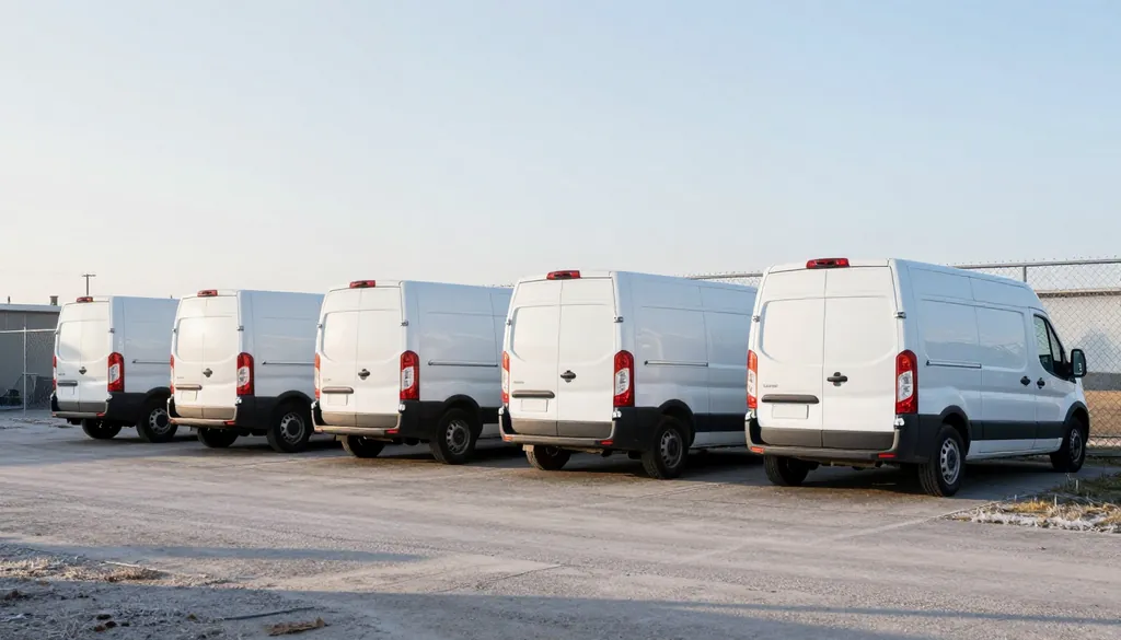 A row of white cargo vans parked in a fleet yard, seen from behind, with frost on the ground.