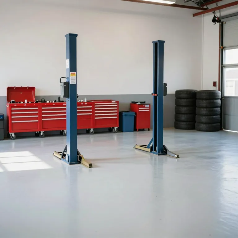 An empty two-post vehicle lift in a clean repair garage, with red tool chests and stacked tires along the wall.