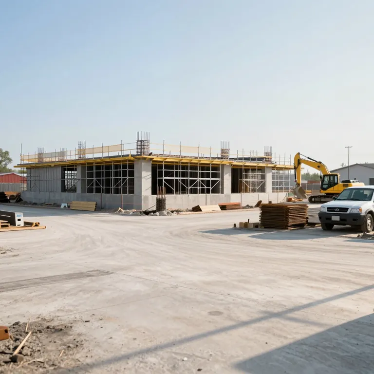A low-rise commercial building under construction, with scaffolding, an excavator and a pickup truck on site.