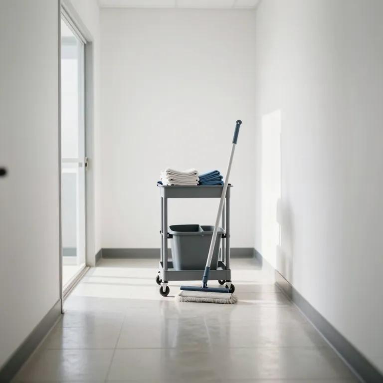 A janitorial cart with folded cloths, a bucket and a mop in a bright, empty office corridor.