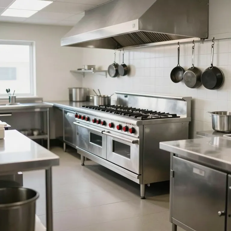A clean commercial kitchen with a stainless steel range, an exhaust hood and pans hanging on the wall.