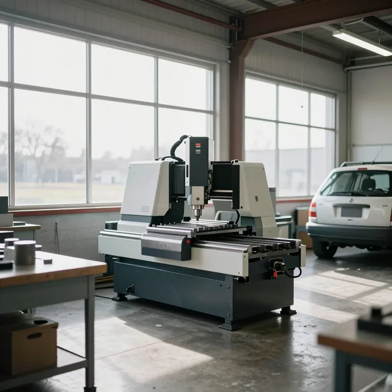 A CNC milling machine on the concrete floor of a bright machine shop with tall windows.