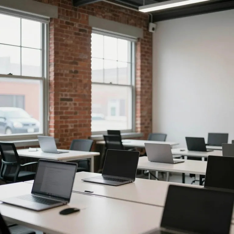 Desks with open laptops in a bright office with exposed red-brick walls and tall windows.