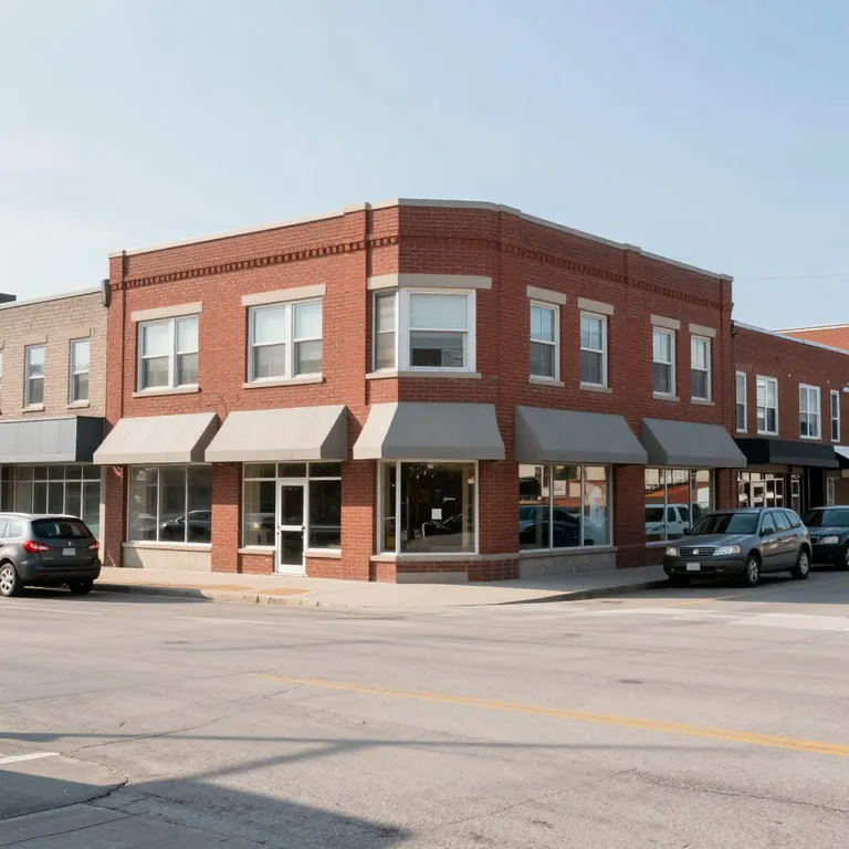 A two-storey red-brick commercial building with awnings over its street-level storefronts.