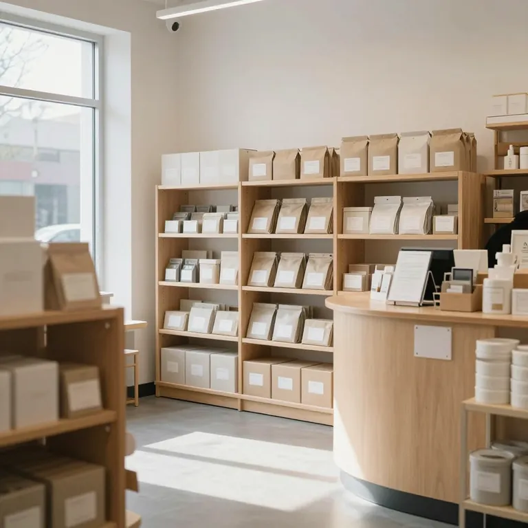 A small shop with light wood shelving stocked with packaged goods and a curved service counter.
