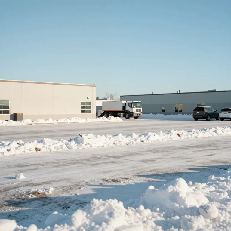 A commercial parking lot cleared of snow on a sunny winter morning, with snowbanks along its edges.