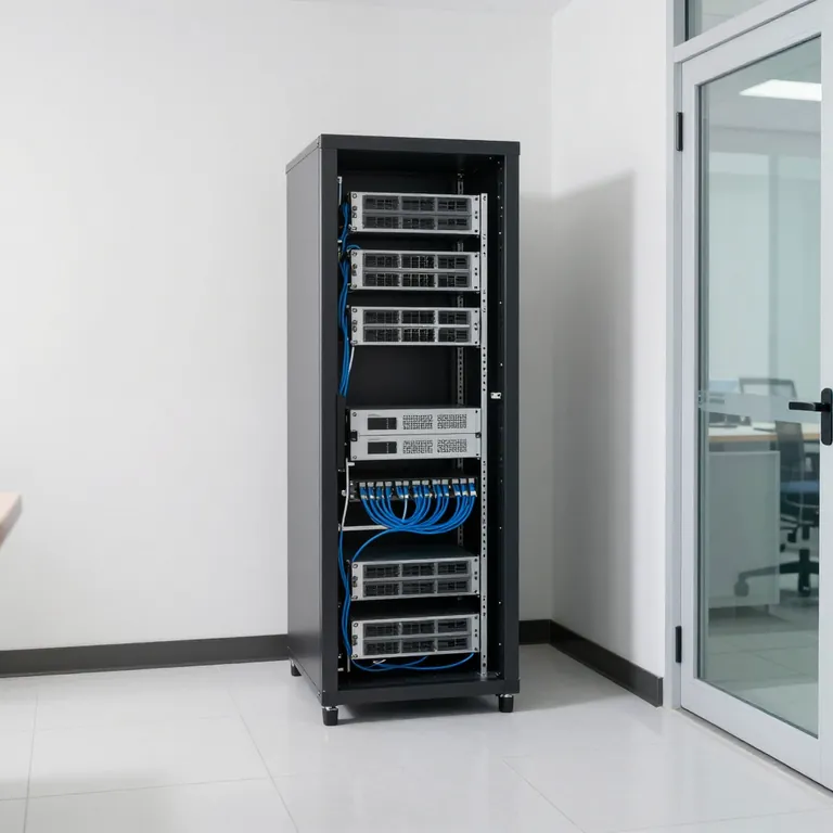A network equipment rack with neat blue cabling in a bright white room beside a glass door.