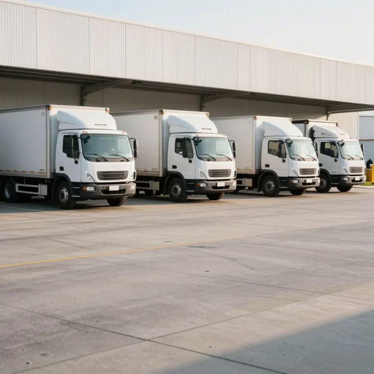 A row of white box trucks backed up to the loading docks of a distribution centre.