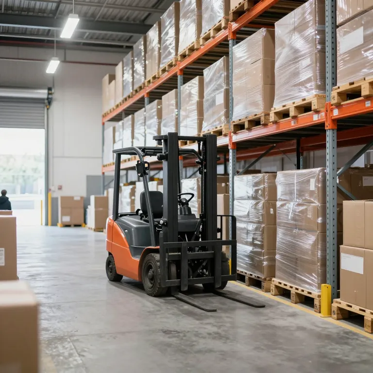 A forklift in a warehouse aisle beside pallet racking stacked with shrink-wrapped boxes.