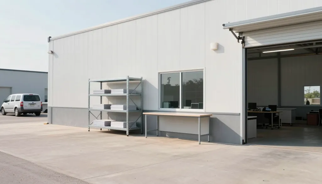A light-industrial unit with its roll-up door open to an office, and shelving and a worktable out front.