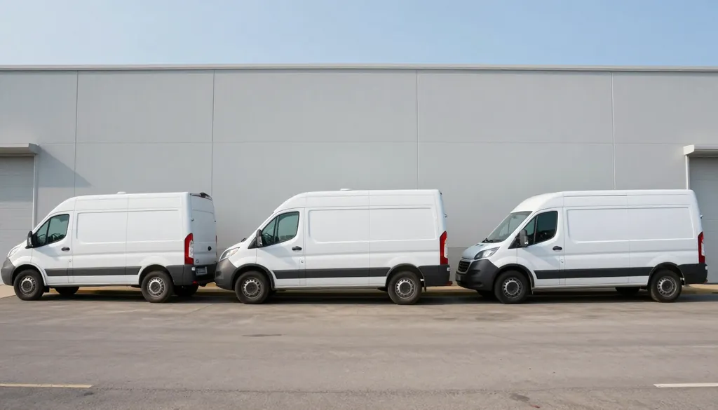 Three white cargo vans parked side by side in front of a grey industrial building.