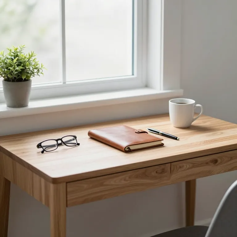 A wooden desk by a window with a closed leather notebook, a pen, reading glasses and a coffee cup.