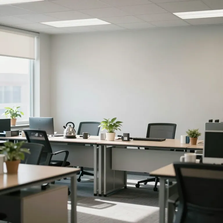 A bright office with shared desks, plants, and a kettle and mugs set out for staff.