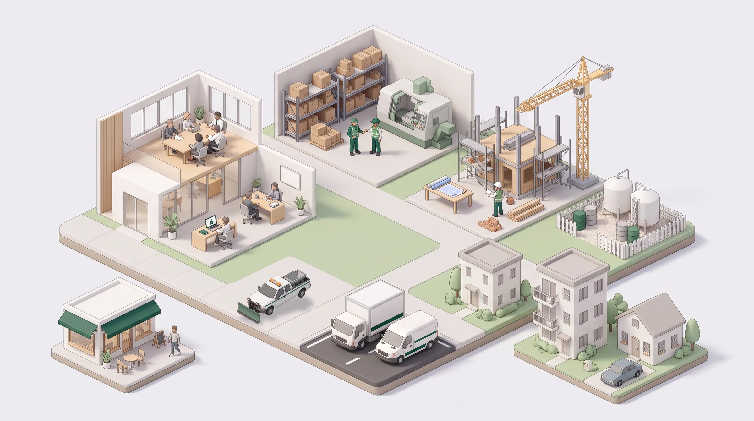An illustrated business district: an office with a boardroom, a warehouse with a machine and workers, a construction site, fuel tanks, a corner shop, a truck and van, a rental building and a family home.